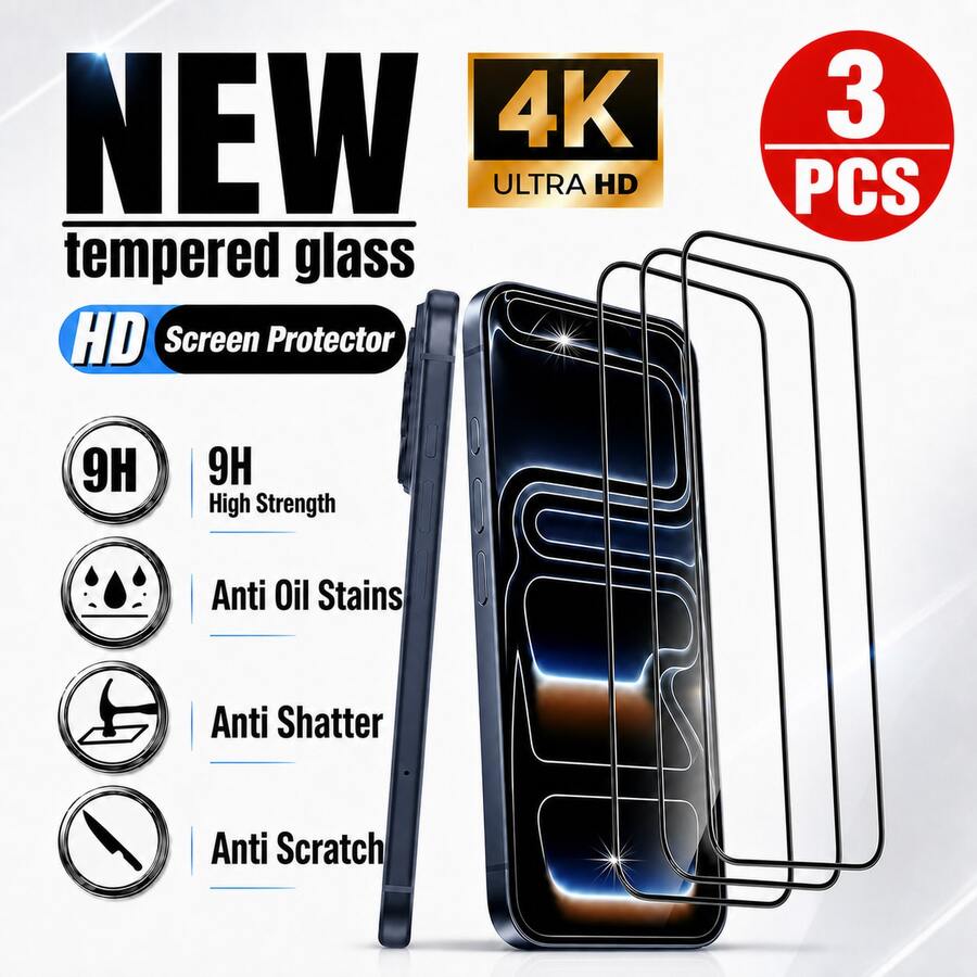 XINHONGYU 3片裝 Ultra HD 9D 鋼化玻璃螢幕保護貼，相容 iPhone 17 Pro Max，高清晰透明鋼化玻璃保護貼，全螢幕覆蓋鋼化玻璃膜，9H+ 硬度，相容 iPhone 17 Pro，9H 9D 保護玻璃，高清晰玻璃螢幕保護貼 - 無色 - 查看 1