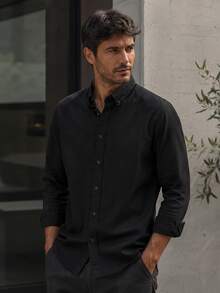100% Cotton Linen, Breathable, Lightweight, Button-Down Collar, Men's Linen Shirt - Black - View 2