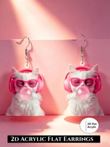 Pendientes colgantes 2D planos de gato blanco chicle rosa, gafas de moda de auriculares acrílicos rosa para mujer, orejas de gato geniales, estilo Y2K, animal lindo, amante de la música, joyería divertida, regalo - Gato blanco de chicle - Ver 2