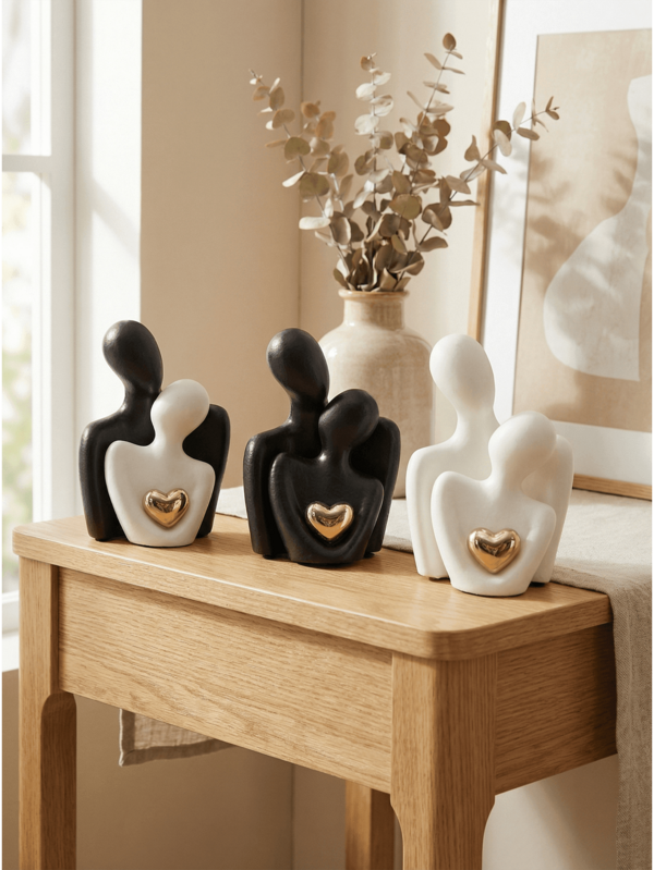 1Pc Set Black White Gold Hugging Couple Heart Figurine - Vintage Boho Desk Decor For Bedroom & Vanity, Creative Home Accent | Home Decor, Room Decor, Vintage Decor, Boho Decor, Desk Decor, Unique Gift, Cute Collectible