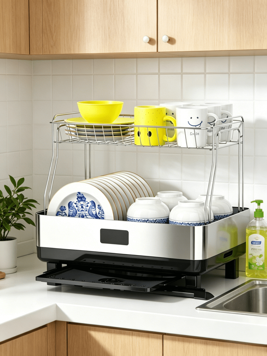 Double-Layer Metal Dish Drainer, Suitable For Kitchen Countertops - Large-Capacity Dish Rack That Can Hold Plates, Cutlery And Water Cups, Space-Saving Design, Kitchen Countertop Storage Organizer | Large-Capacity Drainer For Kitchen Countertops