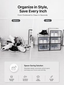 6/12/24-Pack Shoe Storage Boxes, Transparent Plastic Stackable Shoe Cabinet Organizer, Space-Saving Folding Athletic Shoe Container Rack - 查看 2