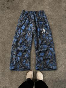 Fractyr Men's Elastic Waist Drawstring Sports Pants, American Vintage Tree Pattern Camouflage Print Wide Leg Pants With Drawstring Elastic Waist, Draped Loose Fit Casual Long Pants For Daily Wear - Blue - View 3