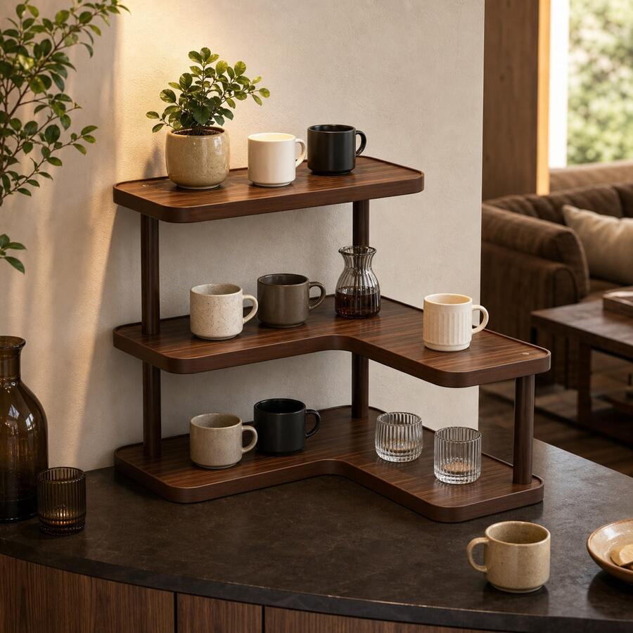 1pc Walnut Color 3-Tier Cosmetic Storage Rack, INS Style Living Room Table Cup Multifunctional Organizer, Kitchen Wine Display Rack, Bedroom Skincare Organizer Display Rack, Office Desk Cup Holder, Suitable For Christmas, Halloween Home Decor, Display Cakes, Wine And More - Multicolor - View 1