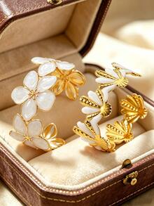 2 PIEZAS Pulsera de acero inoxidable con diseño de combinación de plumeria/vieira de estilo elegante y suave, moda minimalista para vacaciones en la playa, adecuada para uso diario de mujeres/fiesta de jardín/banquete nocturno/ropa de vacaciones/se puede dar como regalo festivo a amigos - Amarillo Oro - Ver 3