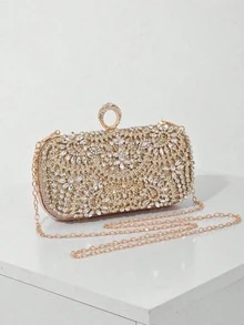 Women Evening Clutches,Oval Hardcase Clutch, Detachable Crossbody Chain, Luxe Vintage Glam Style, For Wedding Prom Cocktail Banquet Ladies All Seasons - Gold - View 4