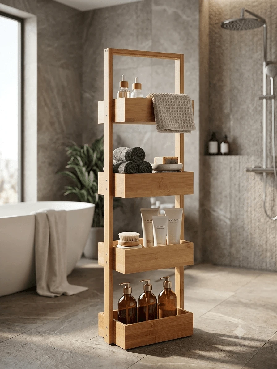 Well Home Bamboo Bathroom Organizer With 4 Tiers. 28x16x88cm. Free Shipping In 24/48h - Camel - View 1