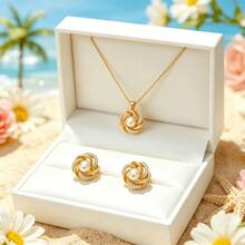 1 Set Stainless Steel Zirconia Chain Flower Faux Pearl Pendant Women's Fashion Necklace & Earrings Jewelry Set, Gift Accessory - Style a - View 5