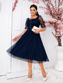 Vestido Feminino Elegante de Festa Casamento Civil Madrinha Rodado de Tule - Azul Marinho - Visão 2