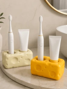 1pc Cheese Design Toothbrush Holder, 2-Slot Bathroom Countertop Organizer For Electric Toothbrush & Toothpaste, Cute Bathroom Storage Decor - Multicolor - View 8