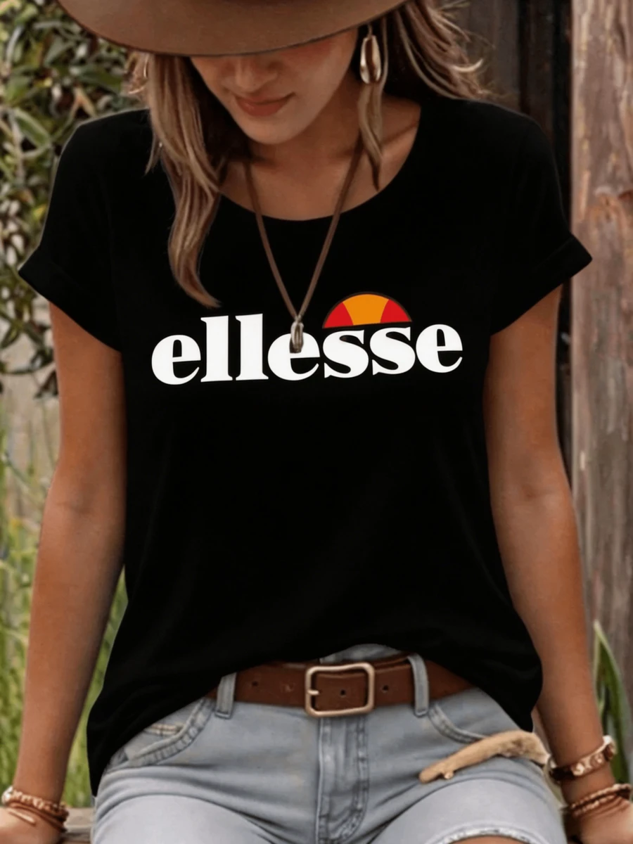 New Spring/Summer Arrival For Women: Elegant And Comfortable Black Cotton Oversized T-Shirt With Ellesse Logo, Versatile For A Casual Urban Style - 黑色1 - 查看 1