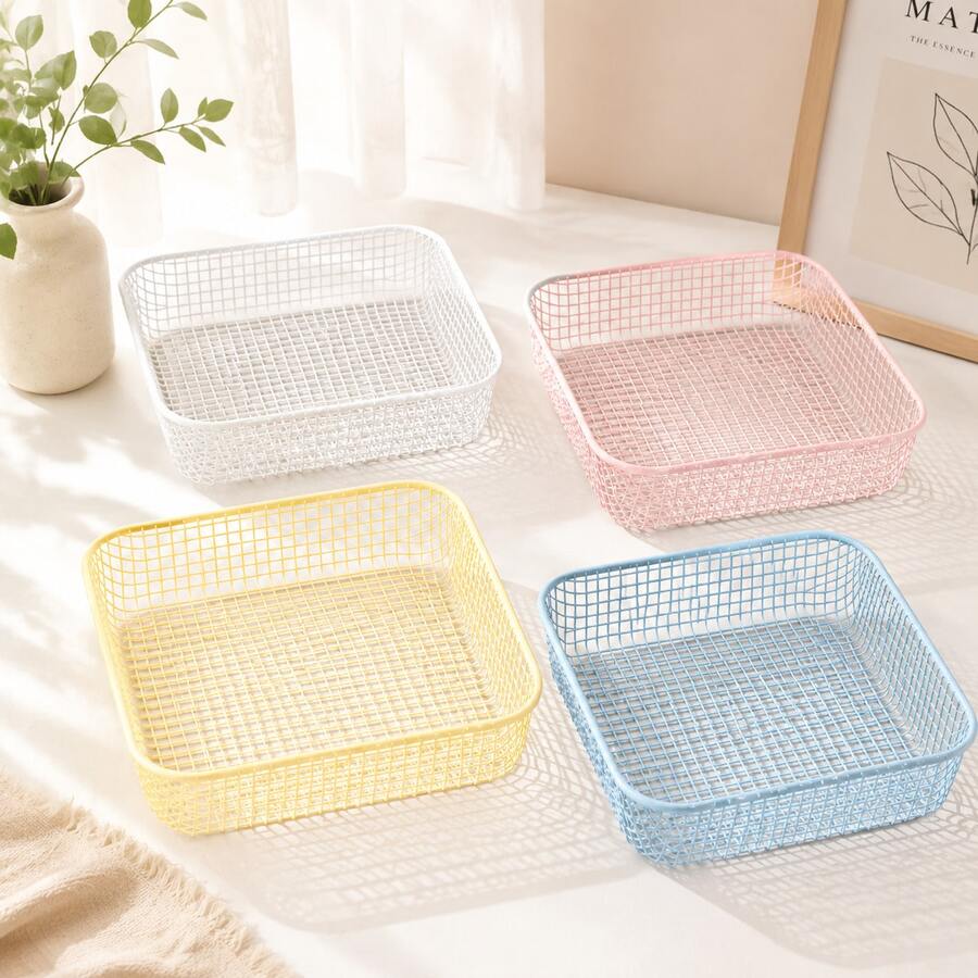 Macaron Color Square Metal Mesh Storage Basket, 20*20*5.5cm Desktop Organizer Storage Basket, Suitable For Home, Office, Bathroom And Kitchen Daily Storage, Multi-Purpose And Multi-Occasion Use, Also Suitable For Holiday Decoration.