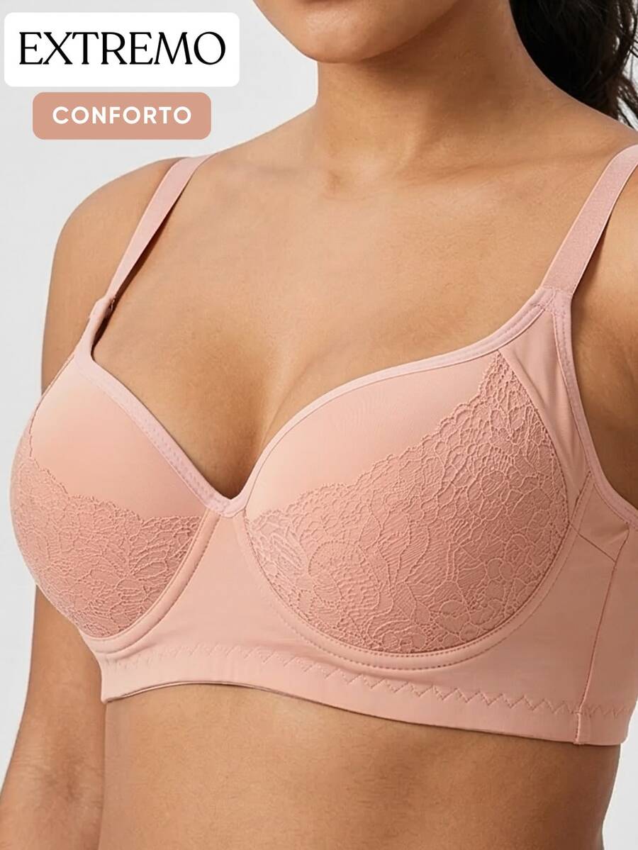 High-Support Bra With Wide Side Panels, Slimming Effect, In Anti-Mark Lace And Polyamide, Underwire And Padding, Comfortable Fit, Non-Removable Polyamide And Lace Compression Bra. Breathable, Quick-Drying, Odor-Resistant, Elastic, Maximum Support. - Rosa Oxidada - Ver 1