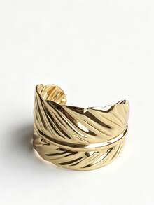 Hammered Open Cuff Stainless Steel Bracelet Women Wide Geometric Oval Chain Link Feather Bold Bangle Four Leaf Textured Adjustable Elegant Modern Gift - Bracelet - View 14