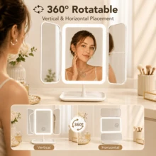 LED 3-Fold Makeup Mirror, Actual 2x/3x Magnification, 3 Lighting Modes, Foldable Storage, Vanity Mirror With Storage Base, Rotatable Makeup Mirror, Touch Control, 600mAh Battery, Ideal Holiday Gift - Multicolor - View 6