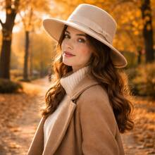 JEWELRYWE Fashionable Simple Bowler Hat, Wide Brim Fedora Hat For Women, Panama Felt Hat, With Bow Belt,  Evening Party Outfit Accessories, For Gifts - 米色 - 查看 5