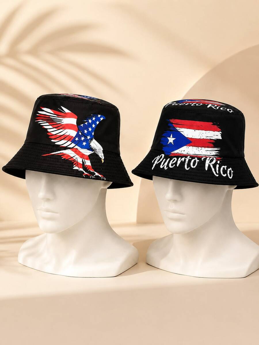 1 buah Topi Bucket Pria Bolak-balik Motif Elang & Bendera Amerika, Cocok untuk Aktivitas Sehari-hari dan Berbagai Gaya Busana - Hitam - View 1