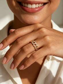 Charm-In 18K Gold Plated Chunky Link Chain Open Cuff Ring Partial Pave Zirconia Adjustable Stack Band Streetwear Jewelry For Women - Yellow Gold - View 2