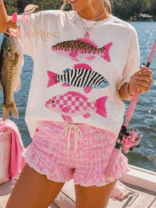 Women's Loose Fit"Leopard Zebra Pattern Fish"Printing T Shirt,Bohemian Lakeside Fishing Summer Aesthetics,Autumn Outfits,Suitable For Concerts,Vacatio - 白色 - 查看 3