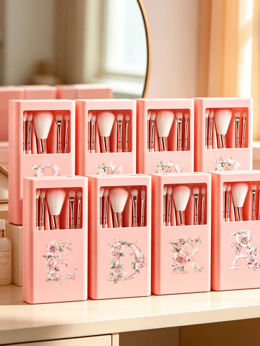 Portable Makeup Brush Set With Mirror, Rose Floral A-Z Letter Design, Makeup Brush Set Box, Multi-Function Makeup Brush Set With Mirror Box, Mini Multi-Function Makeup Brush, Foundation Brush, Eyeshadow Brush, Beginner Makeup Tools, Mixed Brush Makeup Storage Rack, Makeup Brush Set, Easy To Carry, Girls Gift, Makeup Tool Set, Ideal Gift, Portable Travel Supplies, Travel Essentials - Multicolor - View 1