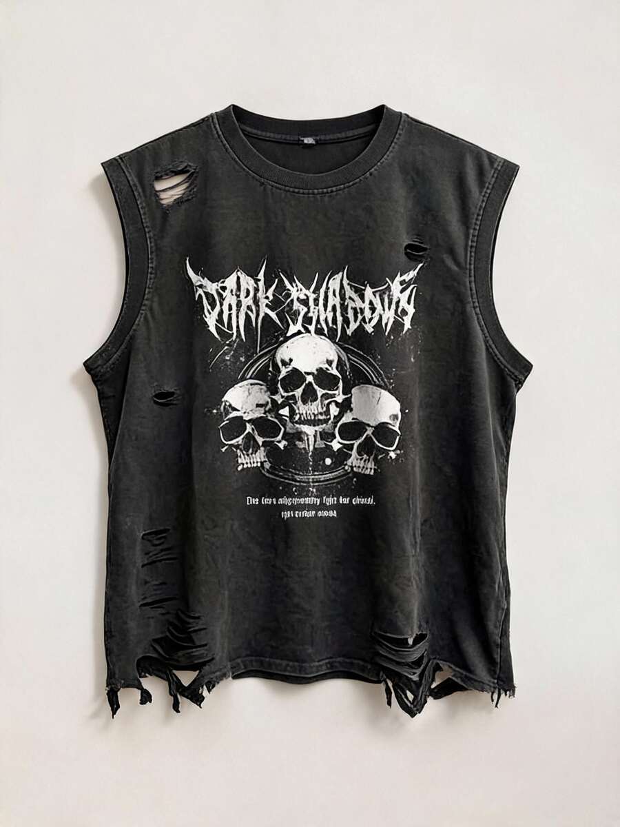 Camiseta de tirantes vintage lavada y desgastada para hombres - Negro - Ver 1