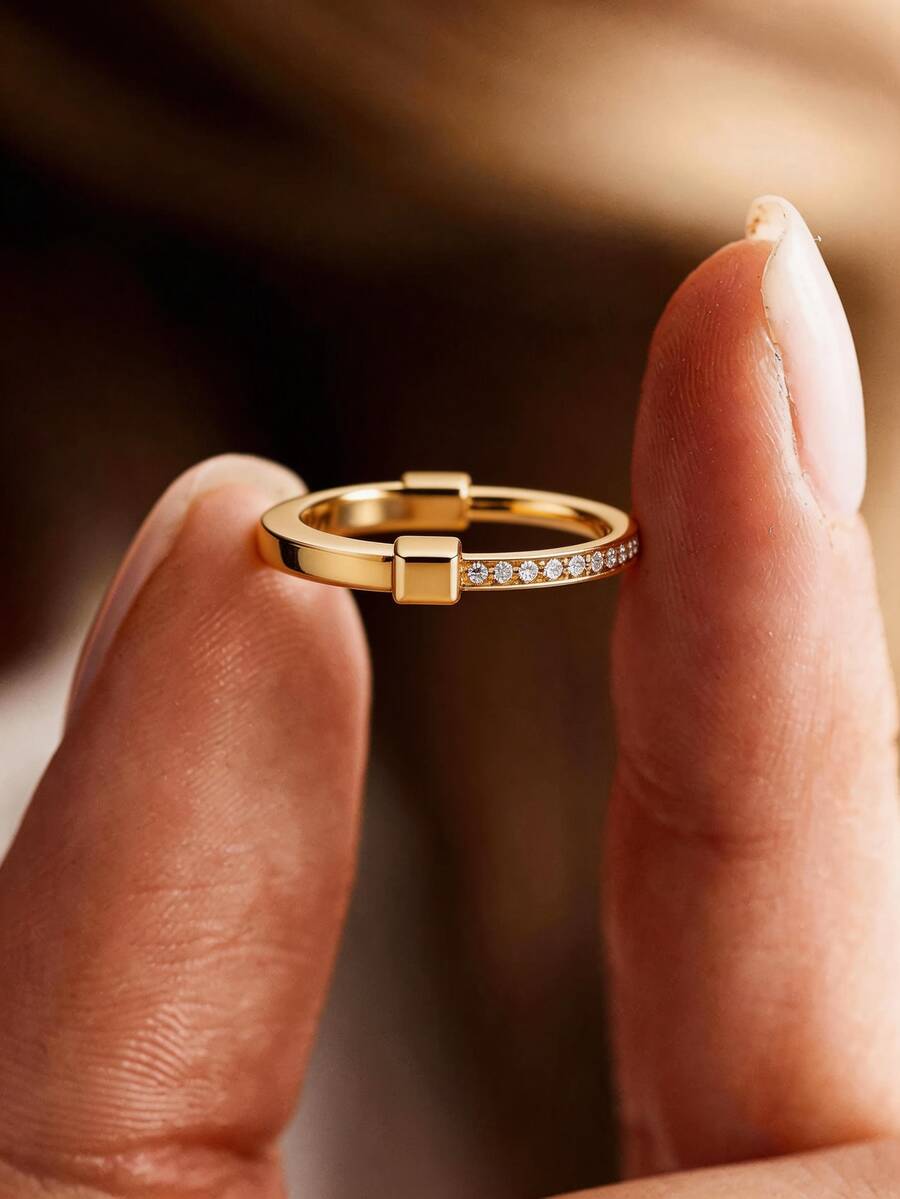 1pc Elegant Fashion Gold Half-Circle Rhinestone Ring, High-End Vintage, Suitable As A Beautiful Gift For Women On Holidays - Gold - View 1