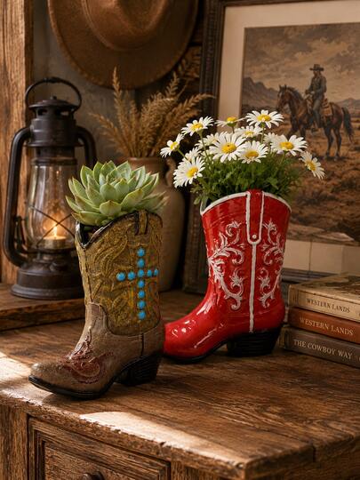 Cowboy Boot Vase Western Style Succulent Planter Daisy Artificial Flower Country Farmhouse Desktop Decor Country Garden Balcony Patio Shelf Room Decoration Gift