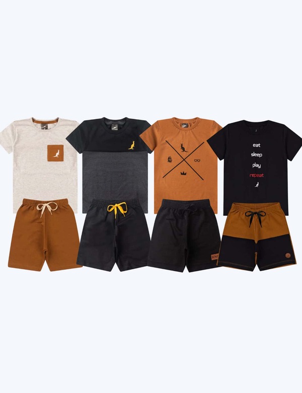 Kit 4 Peças 2 Conjuntos Infantil Menino Verão em Algodão - 2 Shorts 2 Camisas Envio Sortido