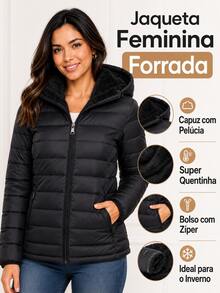 Women's Plush Puffer Jacket With Faux Fur Lining, Hood With Removable Fur, Suitable For Cold Winter And Waterproof. - 黑色帽子無絨 - 查看 3