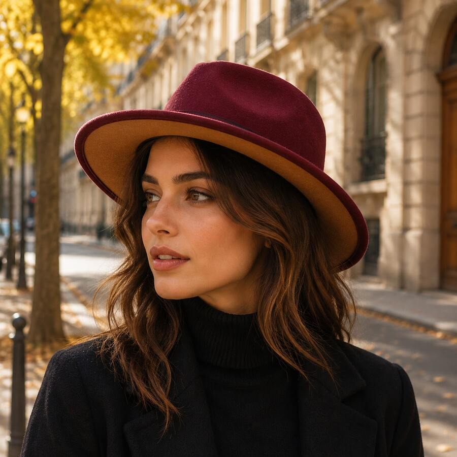 JEWELRYWE Wide Brim Fedora Hat For Men Women, Classic Felt Panama Hat, Two-Tone Teardrop-Shaped Hat, Casual Party Evening Hat - 紅色 - 查看 1