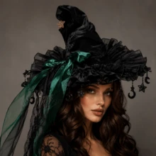 Halloween Witch Hat Gothic Wizard Hat Headwear With Detachable Bow - Green - View 3