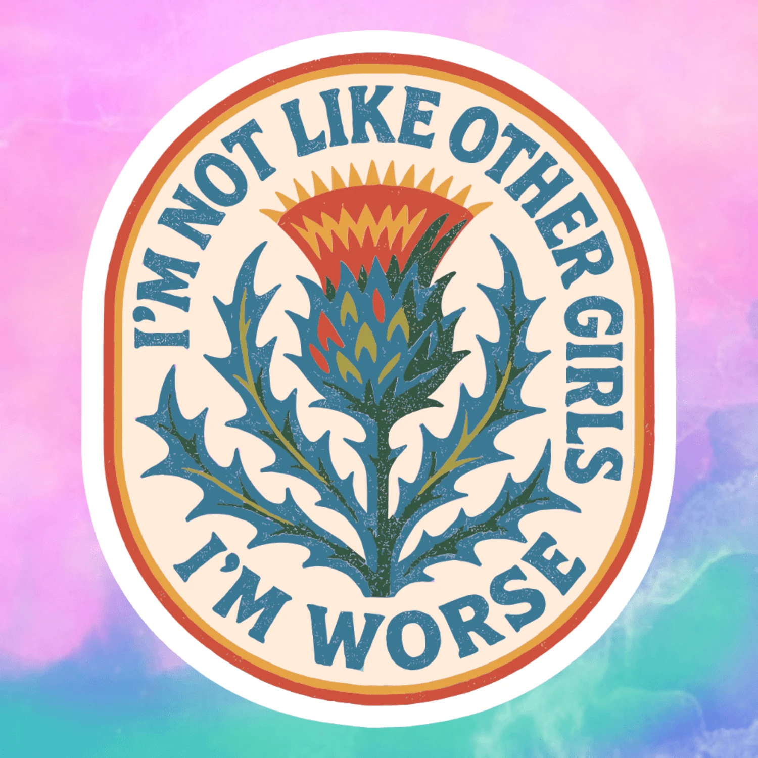 1/2/5pcs "I'm Not Like Other Girls I'm Worse" Stickers,Retro Oval Border Thistle Flower Stickers, Cool Aesthetic Decor Stickers,Suitable For Laptops, Phones, Work Desks,Water Bottle, Car, Tumbler, Gift Decor - A - View 1