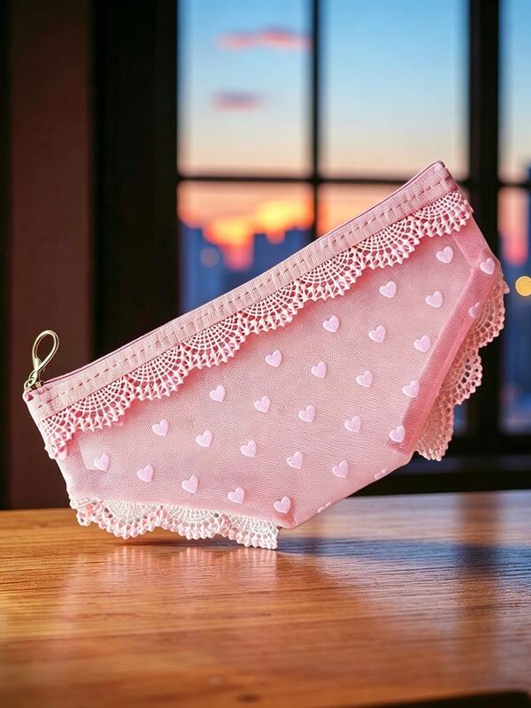 1pc Travel Makeup Bag, Small Heart Mesh Bag, Multi-Functional Storage Bag, Mesh Design, Breathable Mesh Visible Makeup Brush Holder, Toiletry Bag, Unique Triangle Panty Shape, Mini Portable Travel Beauty Tool Bag, Beach Bag, Daily Sundries Storage Bag, Portable Travel Brush Storage Bag, Lipstick Coin Purse