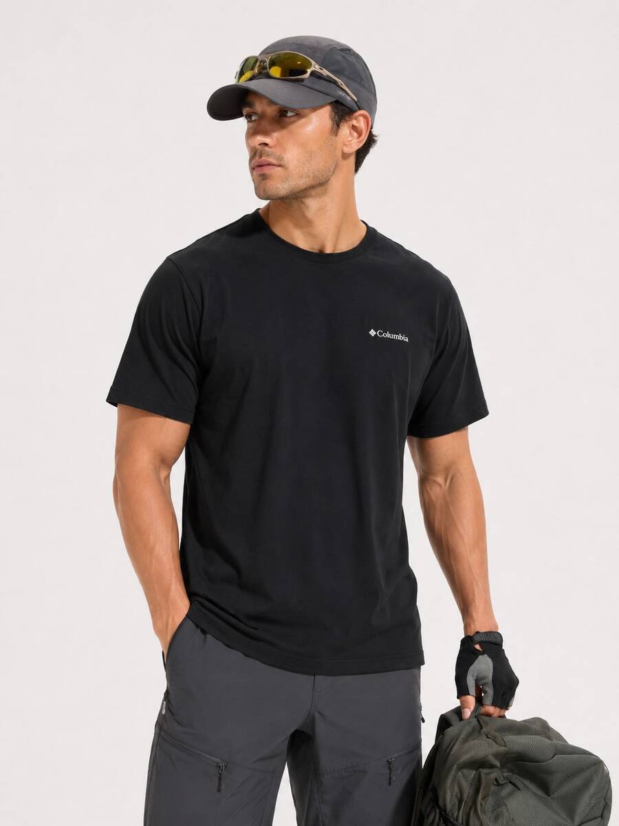 Columbia Camiseta de manga corta casual para hombre, nueva de verano, deportiva, para correr, fitness y entrenamiento, cómoda y transpirable - Negro - Ver 1