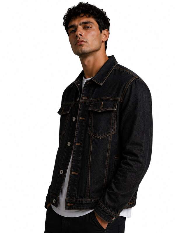 Jaqueta Jeans Masculina Preta Caneta com Costura Marrom Tradicional