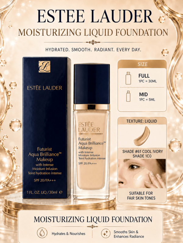 Estée Lauder Futuristic Hydrating Radiance Foundation, Containing Powerful Moisturizing Ingredients #1C0 #61 Cool Porcelain White. Full Size 30ml, Sample 5ml. Nourishes Skin, Prevents Oxidation, Deeply Hydrates, Locks In Moisture For Long-Lasting Results, Prevents Peeling, Doesn't Leave Skin Feeling Tight, Brightens Skin Tone, Suitable For Dry Skin. Smooth And Adheres Well, Doesn't Cake. SPF 20/PA+++ Sun Protection. Suitable For Students, Office Workers, Daily Commutes, Dates, Parties, And Other Occasions. An Ideal Gift For Friends/Girlfriends, And An Essential Item For Everyday Makeup.