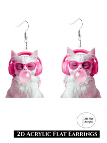 Pendientes colgantes 2D planos de gato blanco chicle rosa, gafas de moda de auriculares acrílicos rosa para mujer, orejas de gato geniales, estilo Y2K, animal lindo, amante de la música, joyería divertida, regalo - Gato blanco de chicle - Ver 6