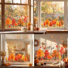 1/2 قطعة ملصقات نافذة Hello Fall بتصميم أشجار الغابة الخريفية مع أوراق القيقب المتساقطة، ملصقات DIY قابلة لإعادة الاستخدام بدون غراء للزجاج للمنزل والمطبخ وواجهة المتجر، مجموعة ديكور وحصاد الخريف - متعدد الألوان - مشاهدة 3