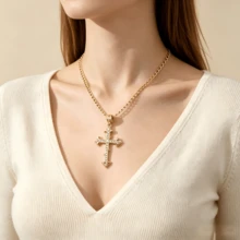 Collar de Cruz de Cristal Tono Dorado, Estilo Gótico Vintage, Joyería Cristiana Unisex, Accesorio de Fiesta Hip-Hop, Regalo Religioso Brillante - Dorado - Ver 3