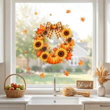 1/2件裝秋季花環窗貼 Hello Fall 南瓜向日葵楓葉靜電貼紙 雙面可移除玻璃貼紙 感恩節商店門窗居家裝飾 - 秋季花圈窗貼 - 查看 10