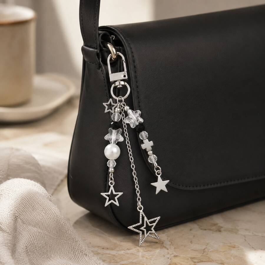 1pc Black & White Minimalist Star Beaded Keychain Pendant, Double-Layered Large & Small Pentagram Cross Metal Charm, Sweet & Cool Versatile Accessory For Backpacks And Phone Cases - Black and White 2 - View 1