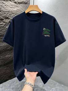 Men's Crew Neck Short Sleeve Letter Print Minimalist Casual T-Shirt, Summer Style, Suitable For Streetwear - Royal Blue - View 3