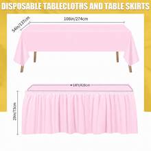 1 Set Rectangular Tablecloth And Table Skirt, PEVA Plastic Oil-Proof, Waterproof, Stain-Resistant, Wedding Party Decoration Set - Pink - View 3