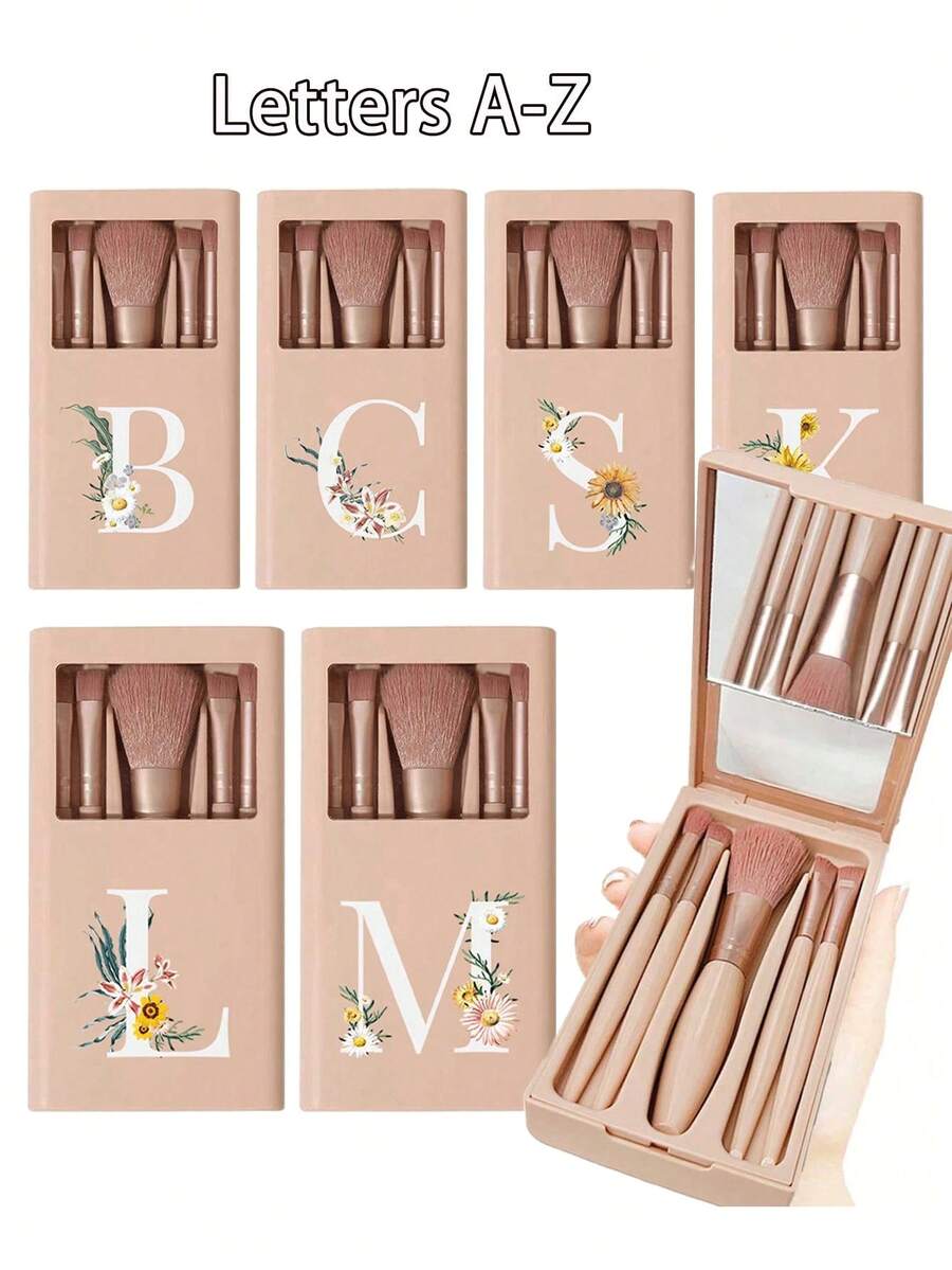 5pcs Portable Khaki Makeup Brush Set With Mirror, White Daisy Letter A-Z Print, Makeup Brush Set With Case, Multi-Functional Makeup Brushes With Mirror Box, Mini Multi-Functional Makeup Pen, Foundation Brush, Eye Shadow Brush, Beginner Makeup Tools, Mixed Brush Makeup Organizer, Makeup Brush Set, Portable, Gift For Girls, Makeup Tool Set, Ideal Gift, Portable Travel Essentials,Giveaways,Professional Makeup Brushes,Complete Makeup Set - Khaki - View 1