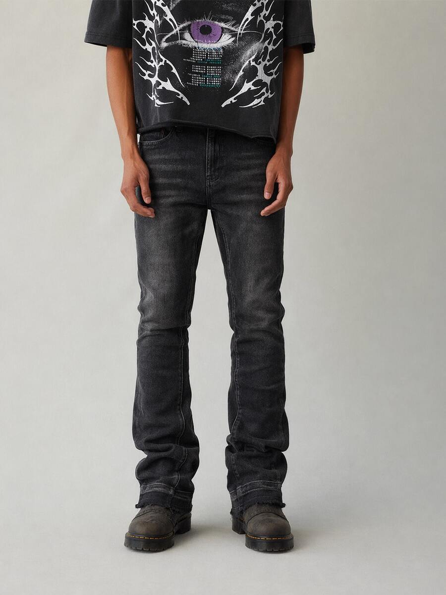 Men's Retro Washed Stretch Slim Fit Flared Jeans, Casual Street Fashion Design, Suitable For All Seasons - Black - View 1