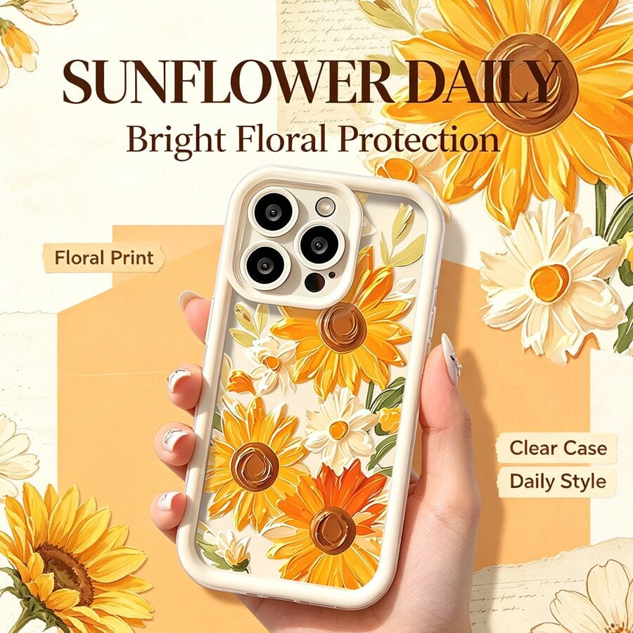 1pc [Pure Android Version] Large Sunflower Orange Yellow Personalized Flower Plant INS Style Sunny Cute European & American Girls Beautiful Pretty Vintage, Matte White Lens Frame Stepped Design Full Coverage Anti-Drop Soft Shell, [International Version Not Local Version] Suitable For Android/GALAXY/A/S/FE/PLUS/ULTRA/PRO/NOTE/POCO/X/Transsion/HOT/PLAY/SPARK/POP/SMART/RENO/Honor/E/G/Phone Case
