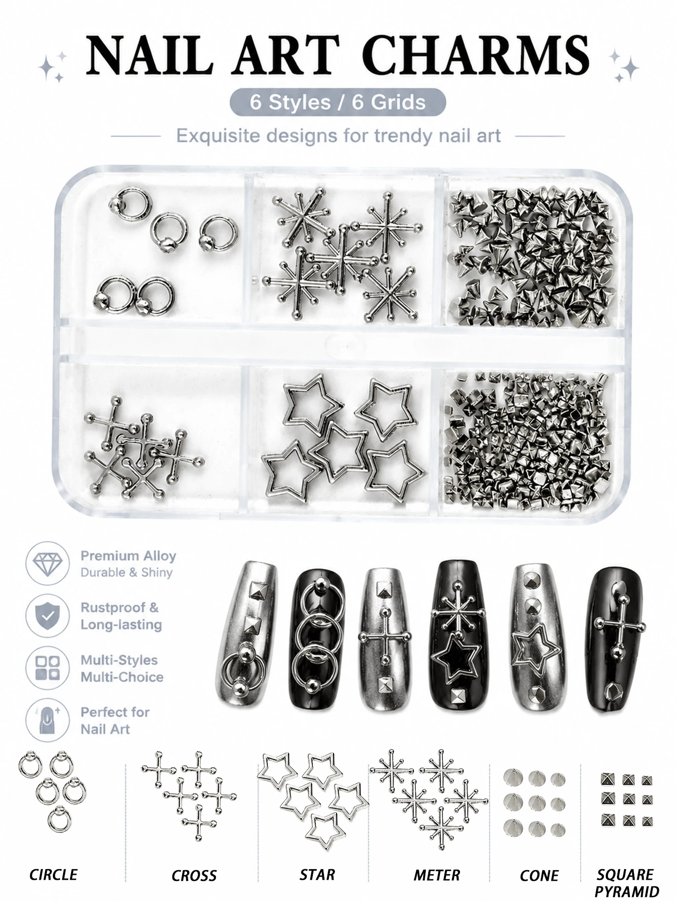 1 Caixa de Decorações de Arte de Unhas Góticas, Decorações de Arte de Unhas Góticas Punk, Decorações de Arte de Unhas Y2K, Acessórios de Arte de Unhas DIY para Salão de Unhas, Suprimentos de Arte de Unhas, Encantos de Unhas - Multicolorido - Visão 1