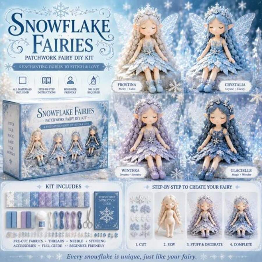 4pcs Full Set Fabric Fairy Doll Material Kit, Standard Size No-Cut Patchwork Fairy Doll Set, Forest Fairy Tale Style, Multi-Color Ocean Pumpkin Floral Butterfly Embroidery 3D Wings, With Tutorial, Needle, Thread, Stuffing, Complete Sewing Gift Box - Multicolor - View 1