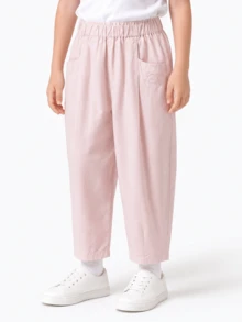 Balabala 女童夏季寬鬆氣球褲，可愛熊刺繡休閒褲，適合男孩與女孩 - 白紅色 - 查看 3