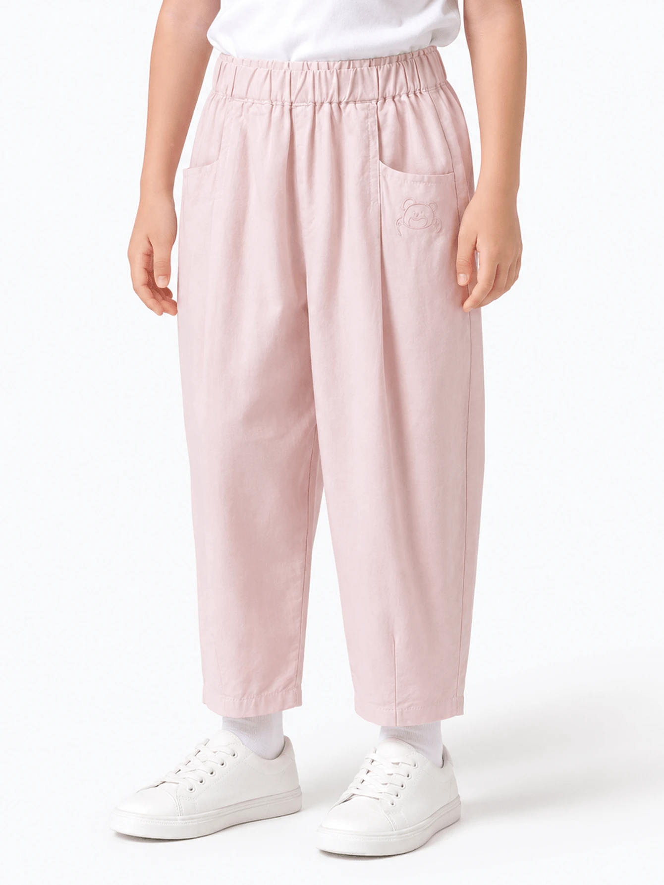 Balabala Girls' Summer Loose Balloon Pants, Cute Bear Embroidered Casual Pants For Boys And Girls - White Red - View 1